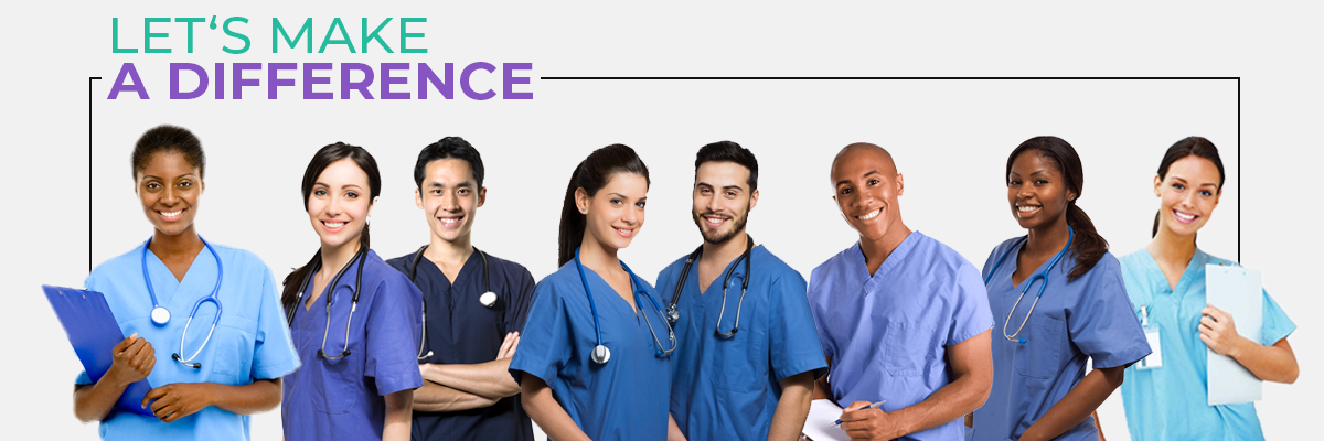 A group of diverse and professional nurses in medical scrubs, smiling and standing together, symbolizing teamwork and compassion. They are ready to join WeLIVE Healthcare Services to provide exceptional care.